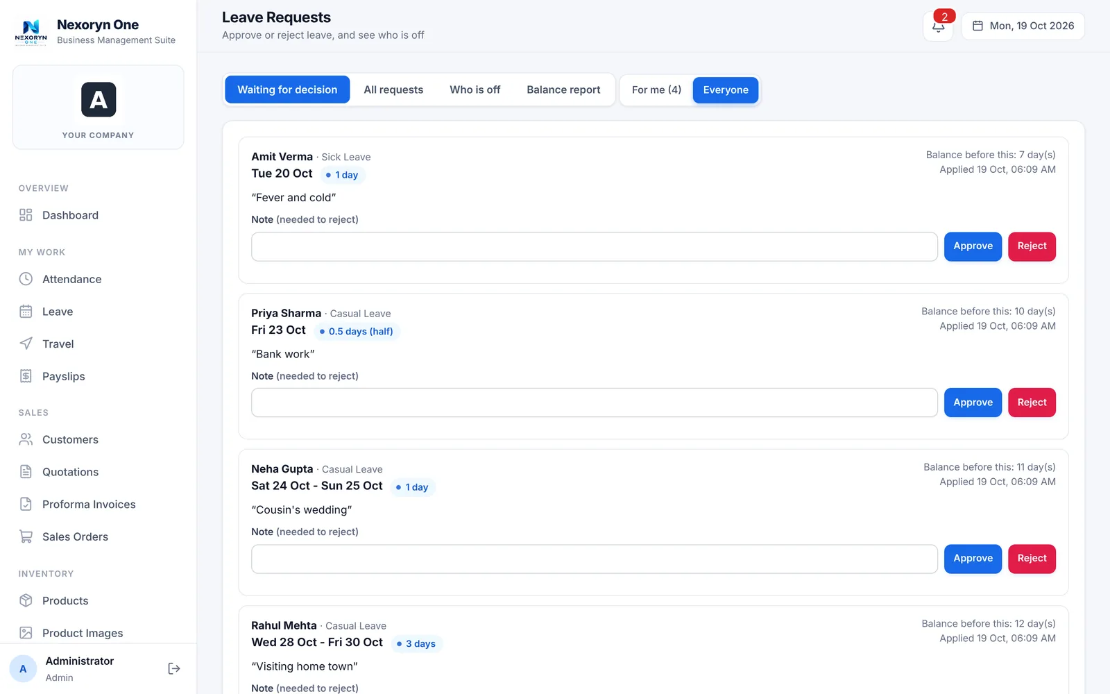Nexoryn One sample leave approvals screen