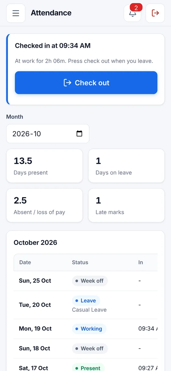 Nexoryn One sample mobile attendance screen