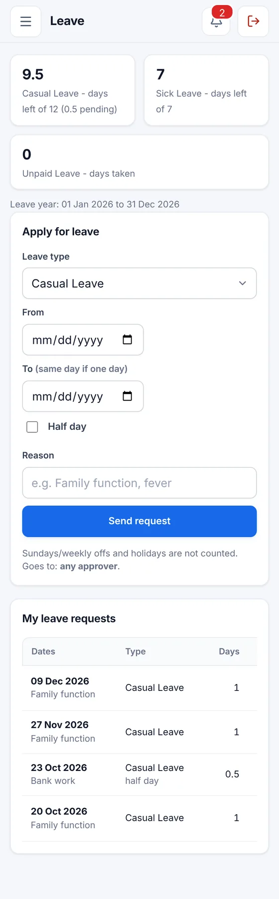 Nexoryn One sample mobile leave screen