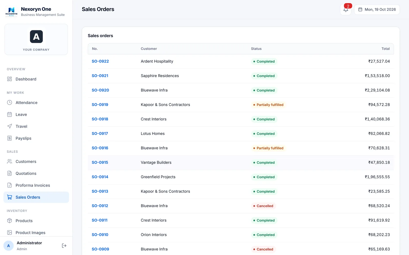 Nexoryn One sample sales orders screen