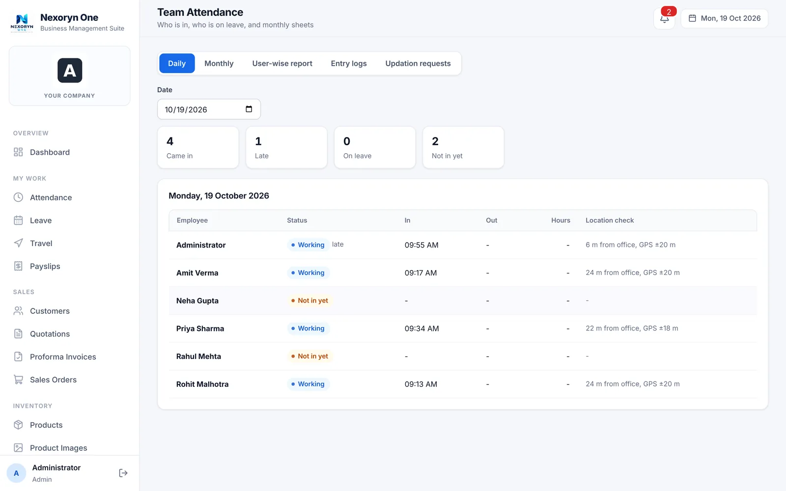 Nexoryn One sample team attendance screen